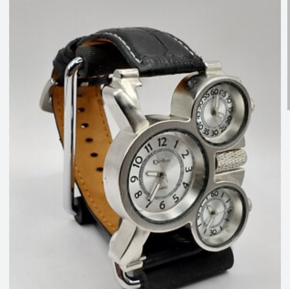 Oulm 3 Face HUGE Men's Analog Quartz Watch Leather Band Silver Cases Black Faces